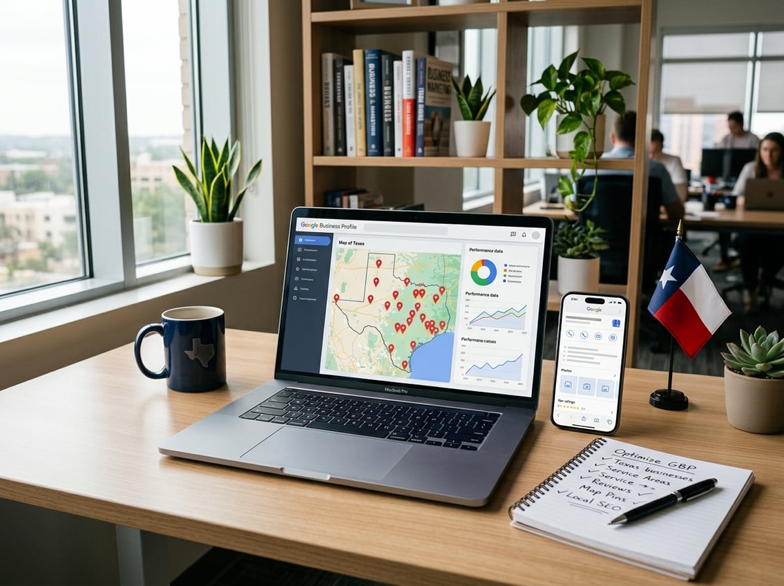 A modern office desk with a laptop showing a map of Texas and business data, a smartphone displaying a business listing, a notepad, coffee cup, and a small Texas flag.